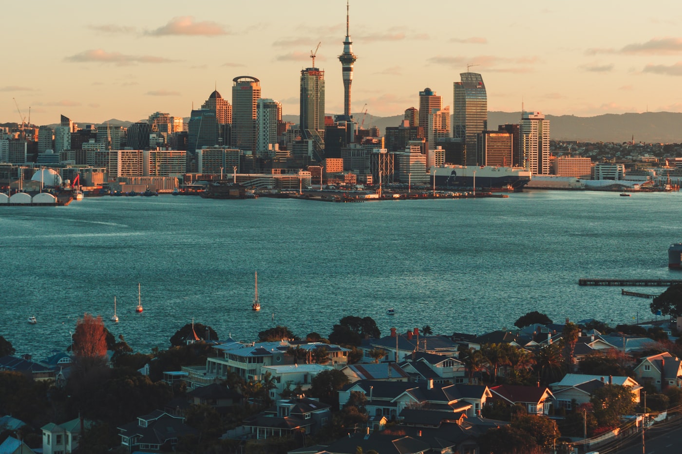 The Auckland skyline seen across the Waitematā Harbour on a clear day